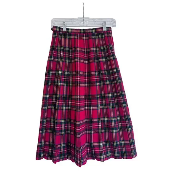 Pure New Wool Tartan Kilt Skirt Red Plaid Pleated Buckle A Line 25” Waist - Picture 3 of 9
